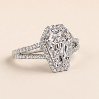 Coffin Cut Lab Grown Diamond Halo Engagement Ring with Double Split Pavé Shank in White Gold