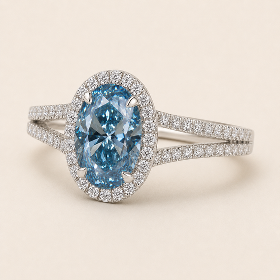 Oval Blue Lab Grown Diamond Halo Engagement Ring in White Gold with Split Cathedral Pavé Shank