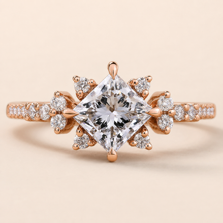 Princess Cut Lab Grown Diamond Engagement Ring in 18K Rose Gold with compass prongs, cathedral pavé band and floral cluster side diamonds