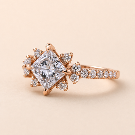 Princess Cut Lab Grown Diamond Engagement Ring in 18K Rose Gold with compass prongs, cathedral pavé band and floral cluster side diamonds