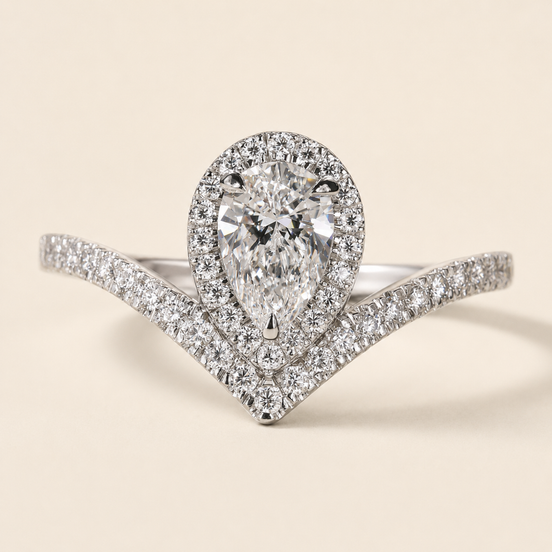 Pear Cut Lab Grown Diamond Engagement Ring with Chevron Pavé Bypass Band in White Gold
