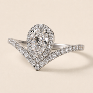 Pear Cut Lab Grown Diamond Engagement Ring with Chevron Pavé Bypass Band in White Gold