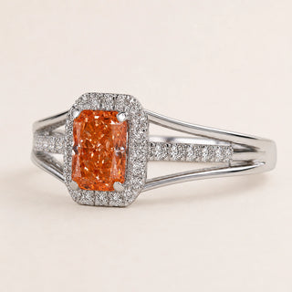 Pink Radiant Cut Lab Grown Diamond Halo Engagement Ring in White Gold