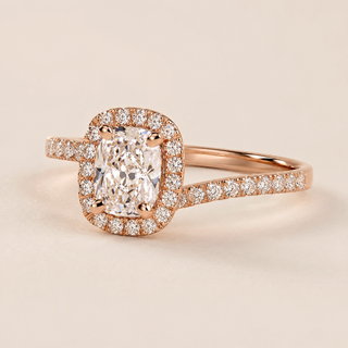 Cushion Cut Lab Grown Diamond Cathedral Halo Ring in rose gold with a micro pavé shank