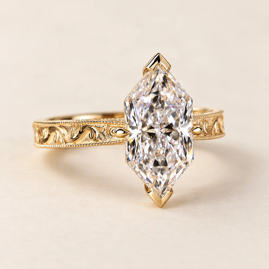 Dutch Marquise Lab Grown Diamond Vintage Milgrain Ring in Yellow Gold