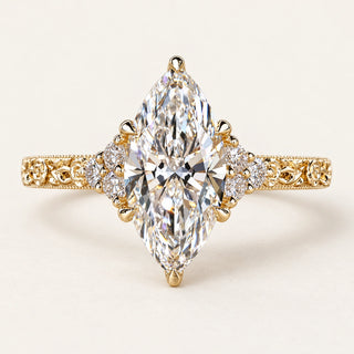 Marquise Cut Lab Grown Diamond Cathedral Engagement Ring in Yellow Gold