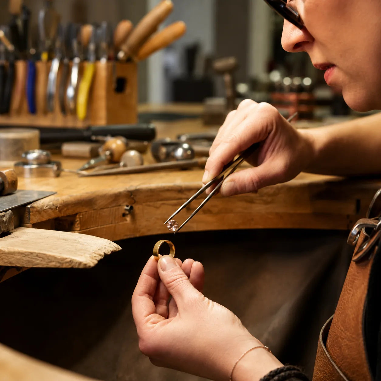 Jeweler setting a stone at the Signora atelier in Surat