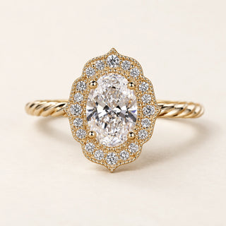 Regency Oval Lab Grown Diamond Halo Engagement Ring in Yellow Gold