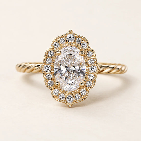 Regency Oval Lab Grown Diamond Halo Engagement Ring in Yellow Gold