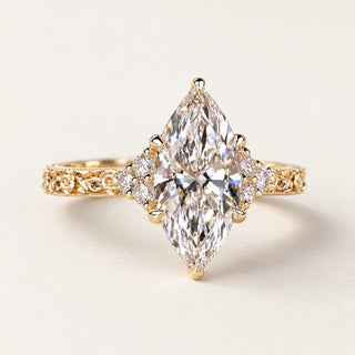 Marquise Cut Lab Grown Diamond Cathedral Engagement Ring in Yellow Gold