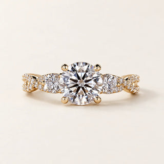 Round Cut Lab Grown Diamond Three-Stone Engagement Ring in Yellow Gold