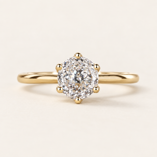 Round Portuguese cut lab grown diamond cathedral engagement ring in yellow gold with rising shoulders, an open gallery and a plain band