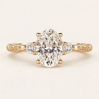 Oval Lab Grown Diamond Vintage Three-Stone Engagement Ring in Yellow Gold