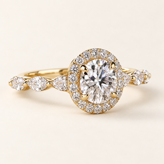 Round lab grown diamond halo engagement ring in yellow gold with four center prongs, pavé halo and marquise-and-round diamond shoulders