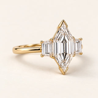 Hexagon Cut Lab Grown Diamond Three-Stone Engagement Ring in Yellow Gold