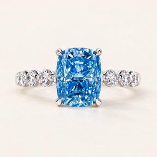 Blue Cushion Lab Grown Diamond Side Stone Engagement Ring in White Gold