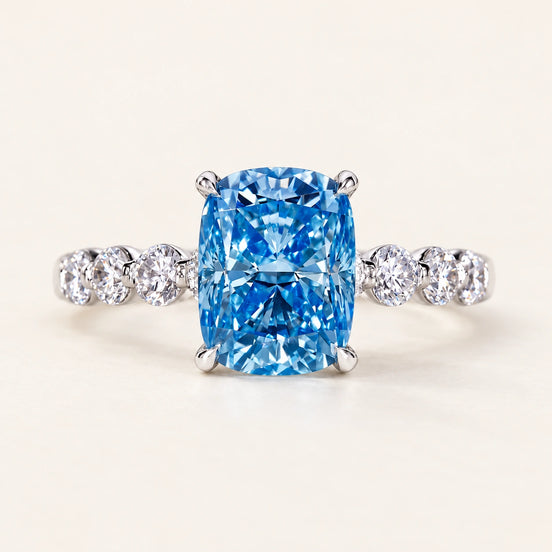 Blue Cushion Lab Grown Diamond Side Stone Engagement Ring in White Gold