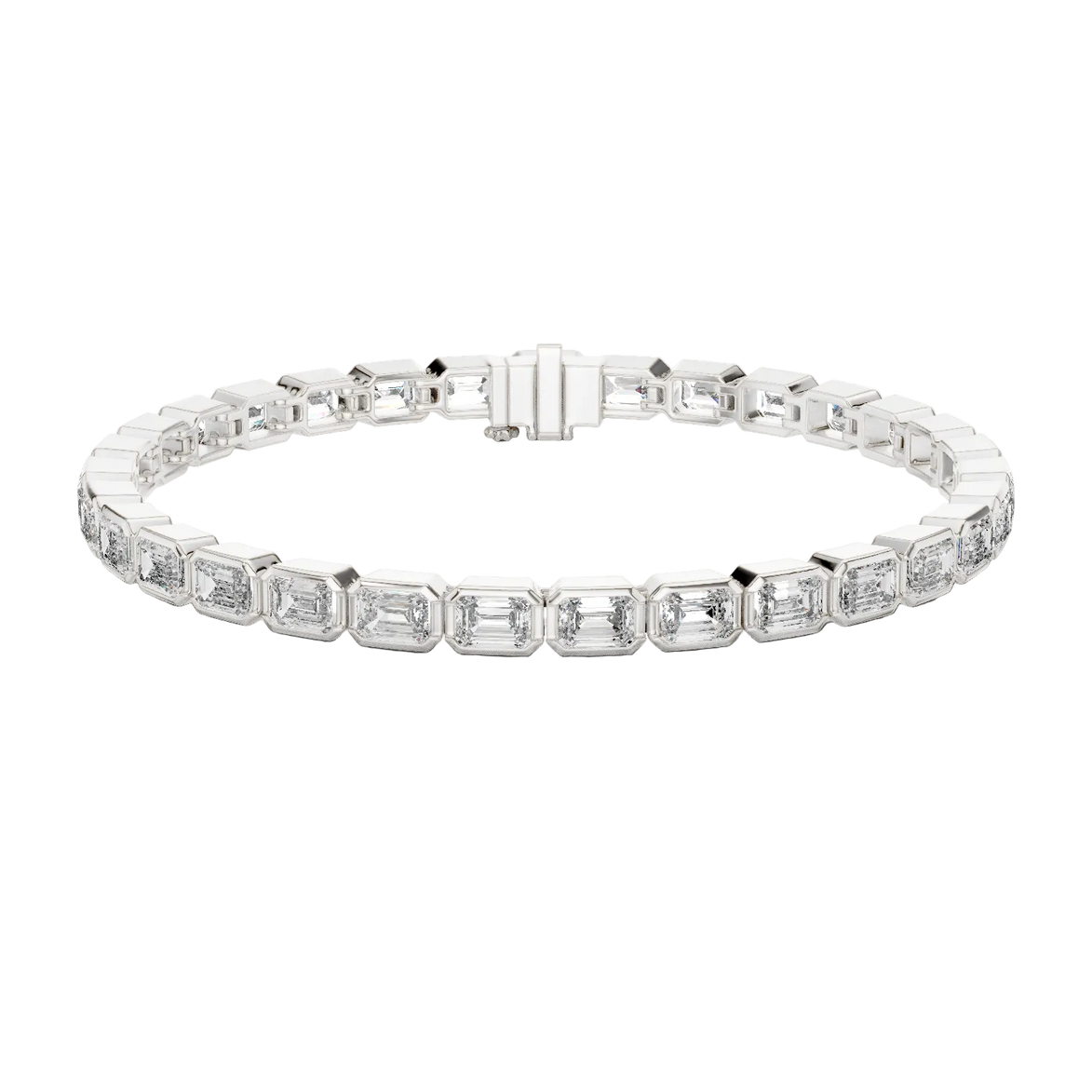 Silver bracelet with rectangular gemstones on a white background