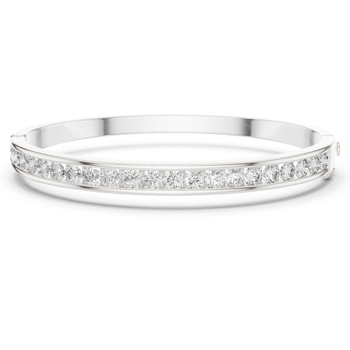 Channel set lab grown diamond bangle bracelet in yellow gold white gold and rose gold with sleek round diamond design