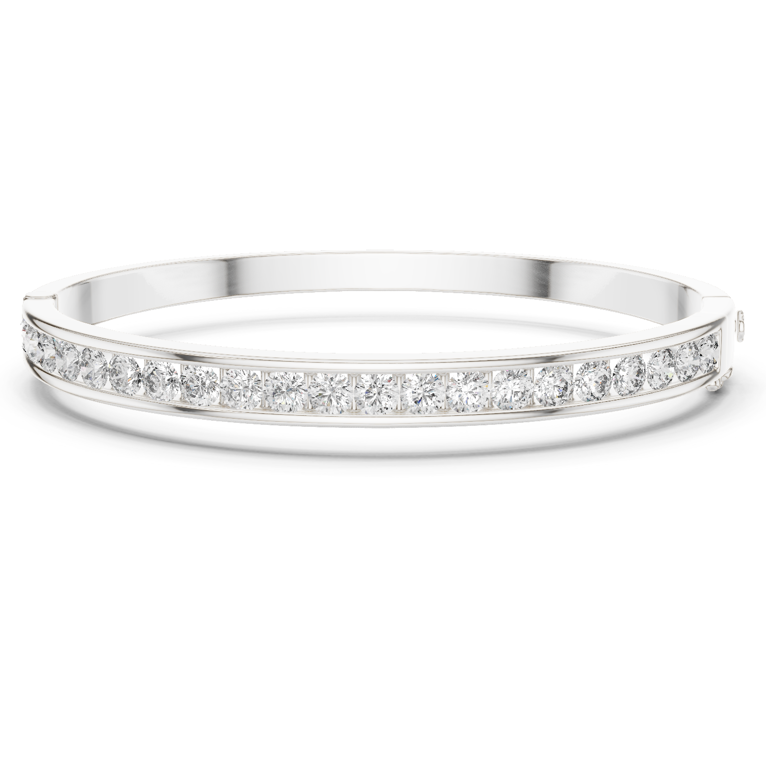 Channel set lab grown diamond bangle bracelet in yellow gold white gold and rose gold with sleek round diamond design