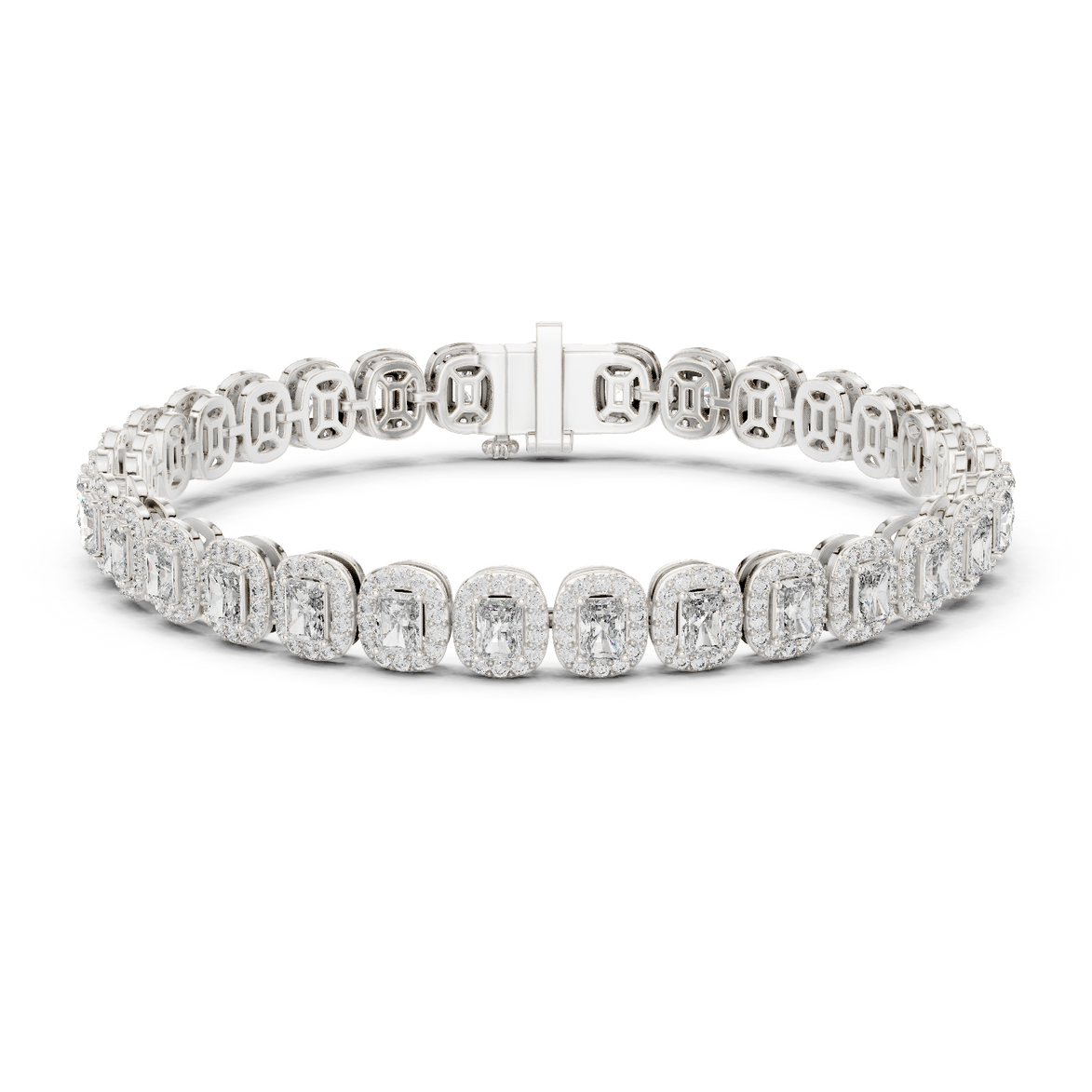 Radiant cut halo lab grown diamond tennis bracelet in yellow gold white gold and rose gold with luxury diamond links