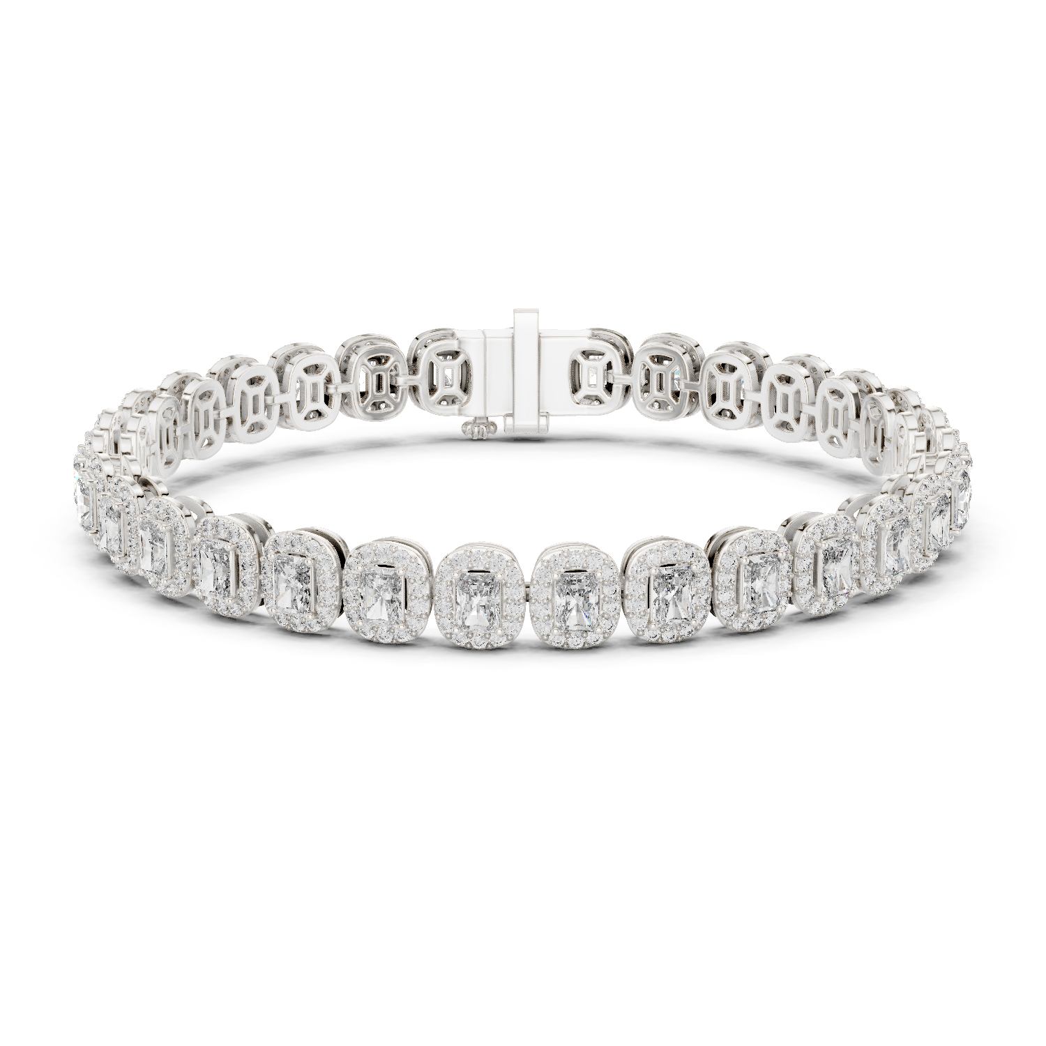 Radiant cut halo lab grown diamond tennis bracelet in yellow gold white gold and rose gold with luxury diamond links