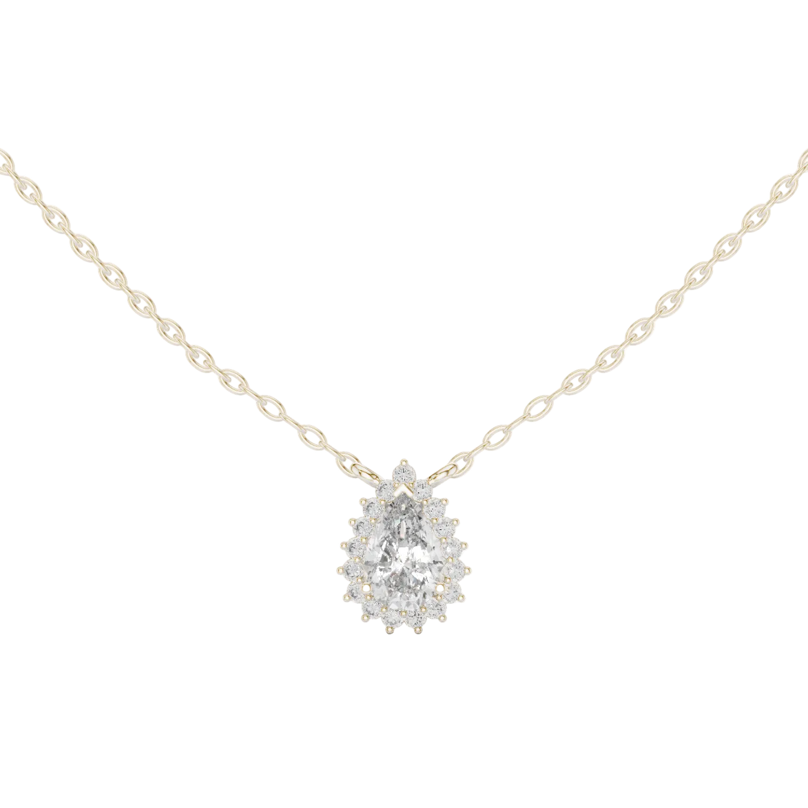 Elegant pear cut halo diamond pendant in gold with lab grown diamonds by Signora Jewels