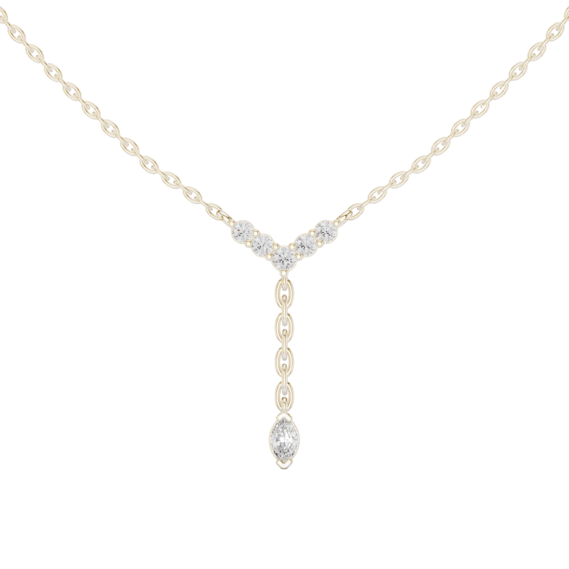 Minimal diamond drop pendant in gold with marquise and round lab grown diamonds by Signora Jewels
