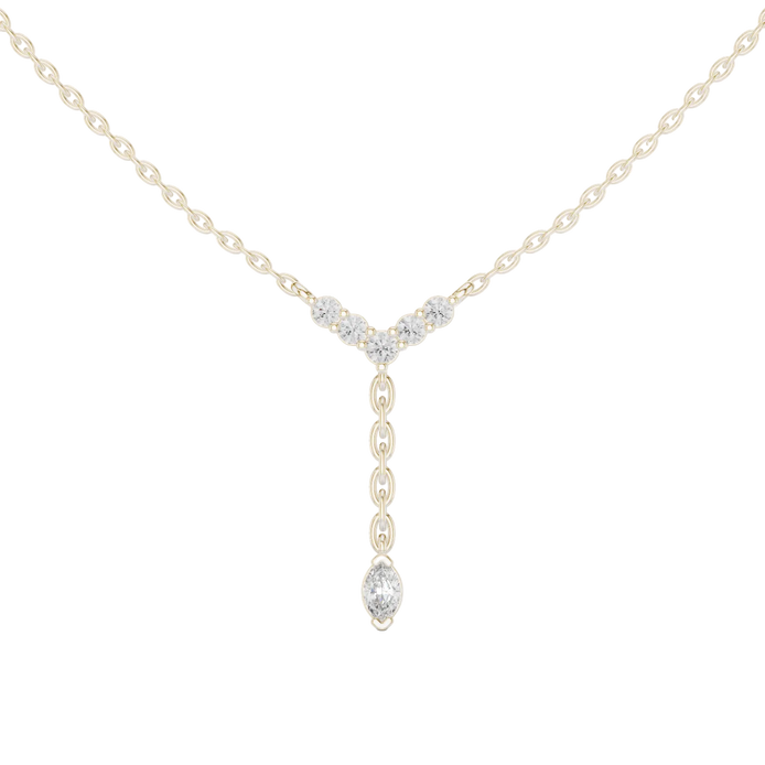 Minimal diamond drop pendant in gold with marquise and round lab grown diamonds by Signora Jewels