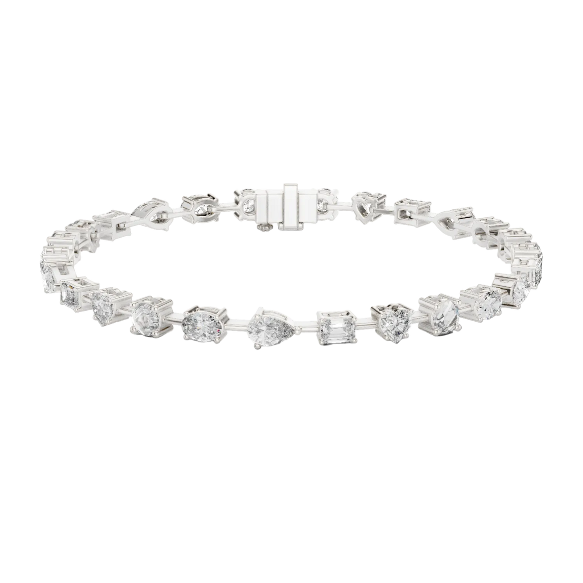 Multi shape lab grown diamond tennis bracelet with round heart oval pear and emerald cut diamonds in gold variations