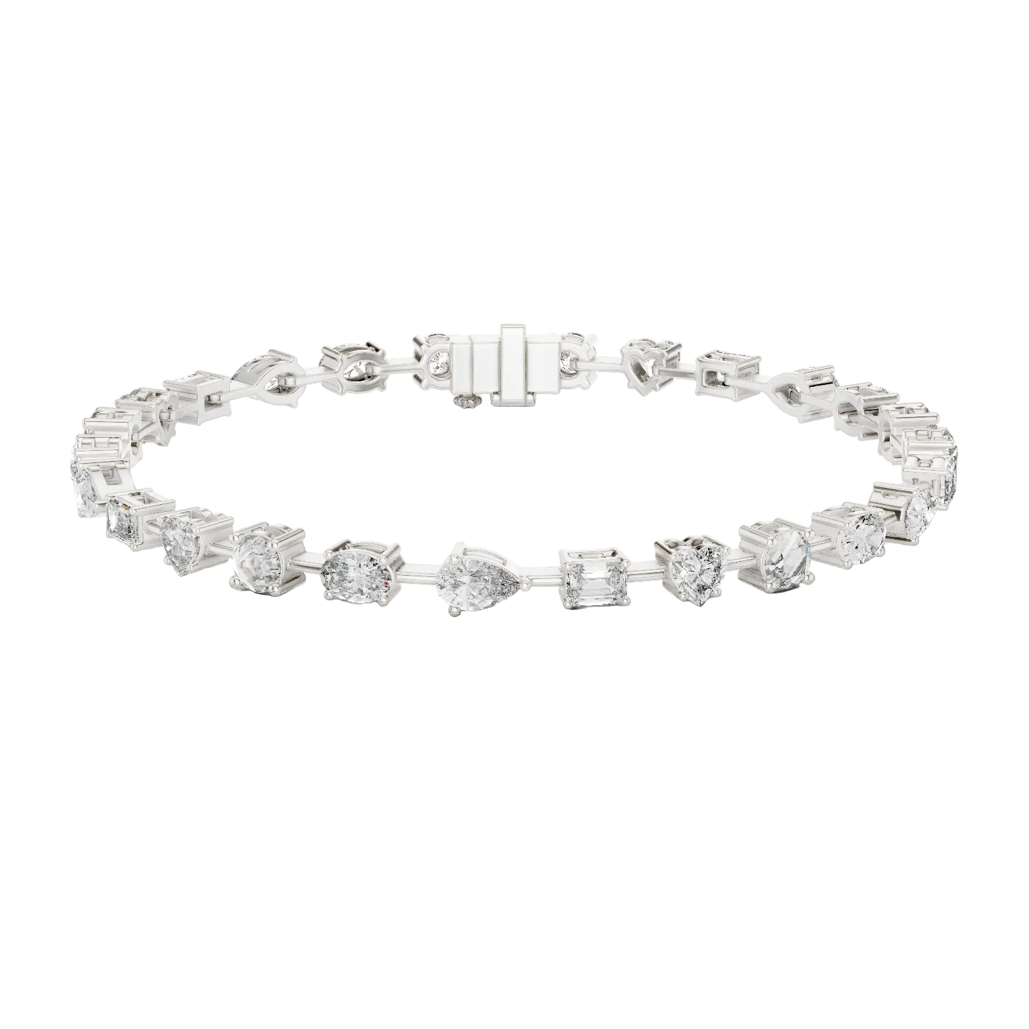 Multi shape lab grown diamond tennis bracelet with round heart oval pear and emerald cut diamonds in gold variations