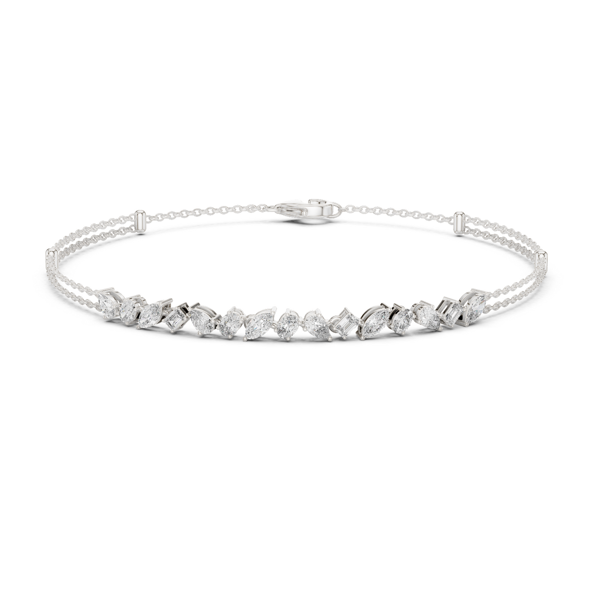 Contemporary multi shape lab grown diamond chain bracelet with pear oval marquise and emerald cut diamonds in yellow white and rose gold