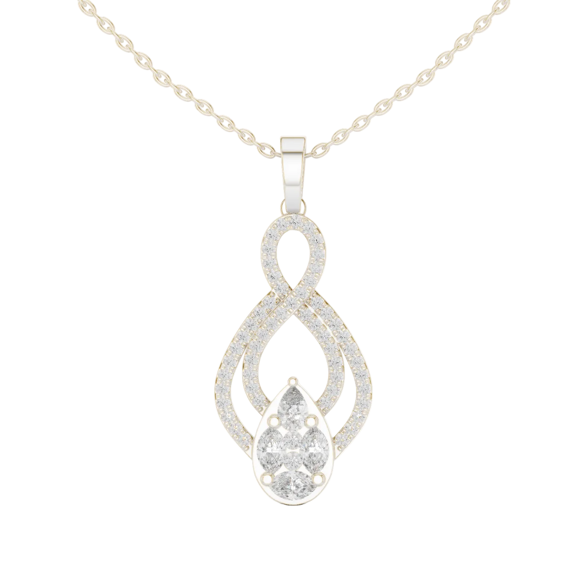 Elegant infinity diamond pendant in gold with pear and marquise lab grown diamonds by Signora Jewels