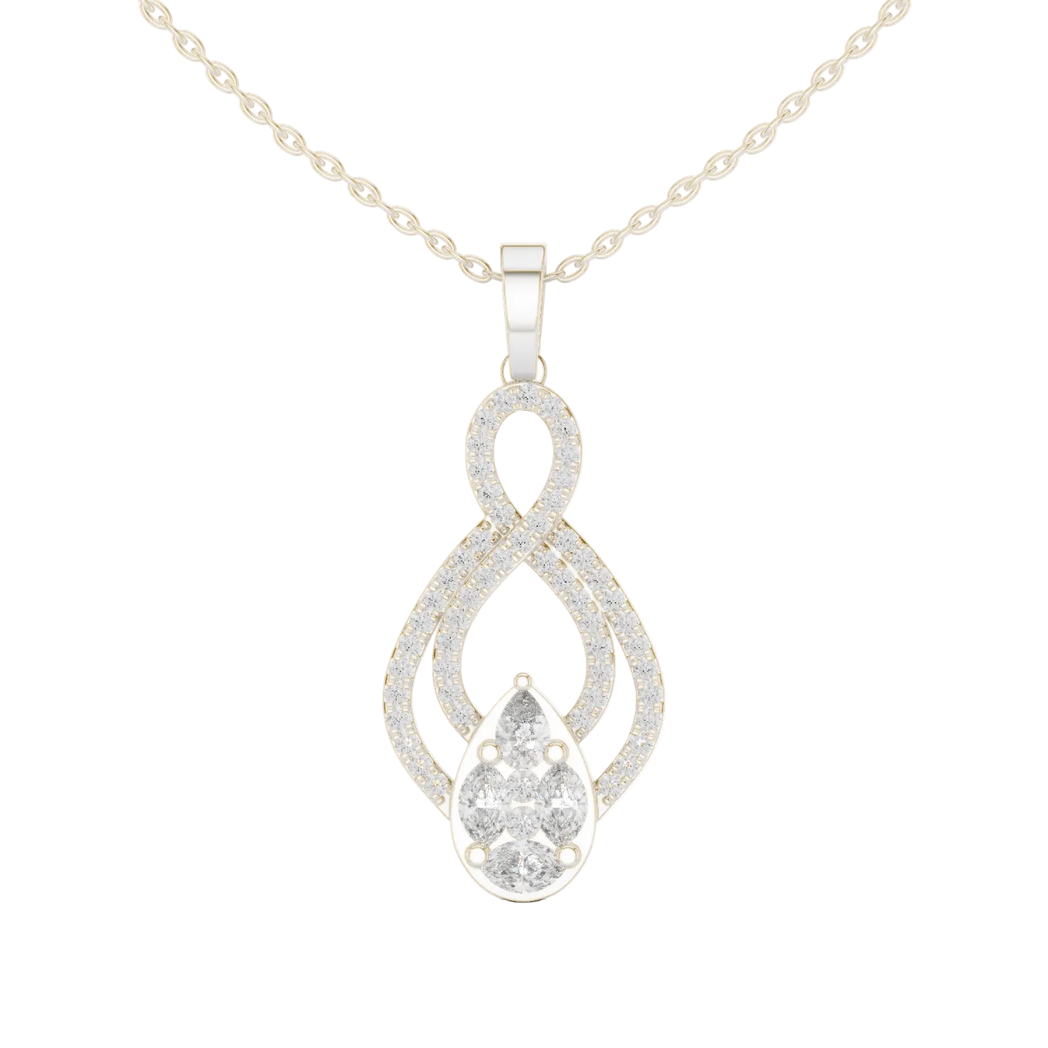 Elegant infinity diamond pendant in gold with pear and marquise lab grown diamonds by Signora Jewels
