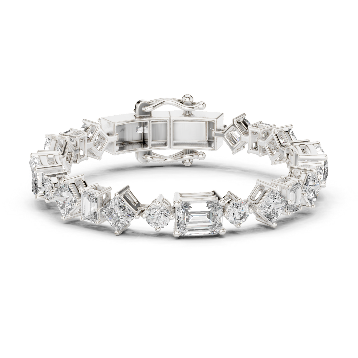 Luxury mixed shape diamond tennis bracelet in gold with emerald, princess, and round lab grown diamonds by Signora Jewels