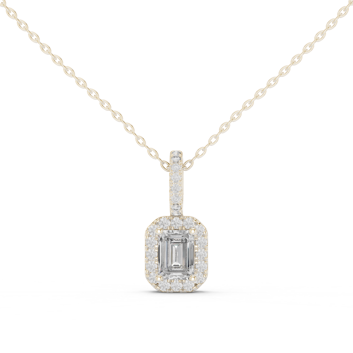 Emerald cut halo diamond pendant in gold with lab grown diamonds by Signora Jewels