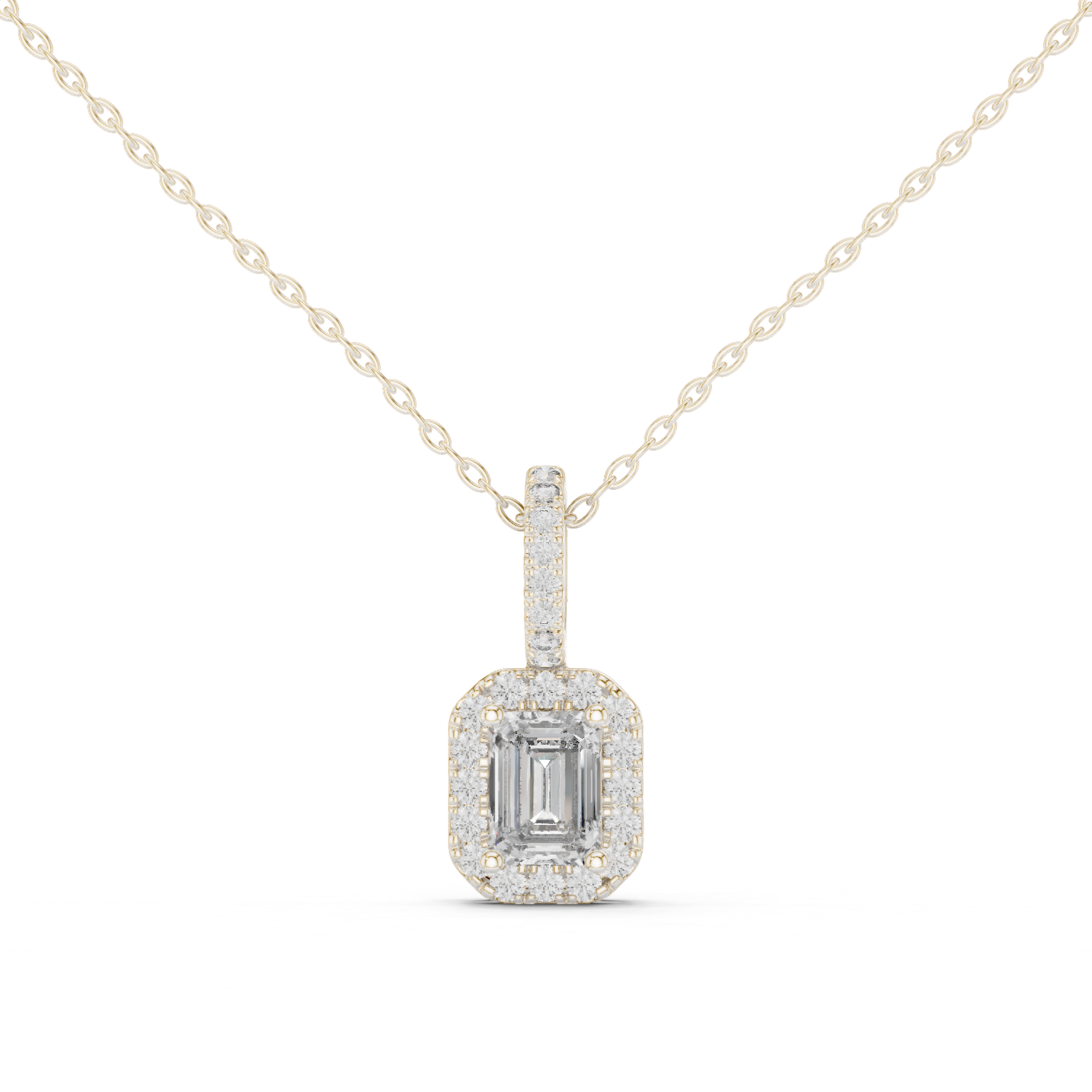 Emerald cut halo diamond pendant in gold with lab grown diamonds by Signora Jewels