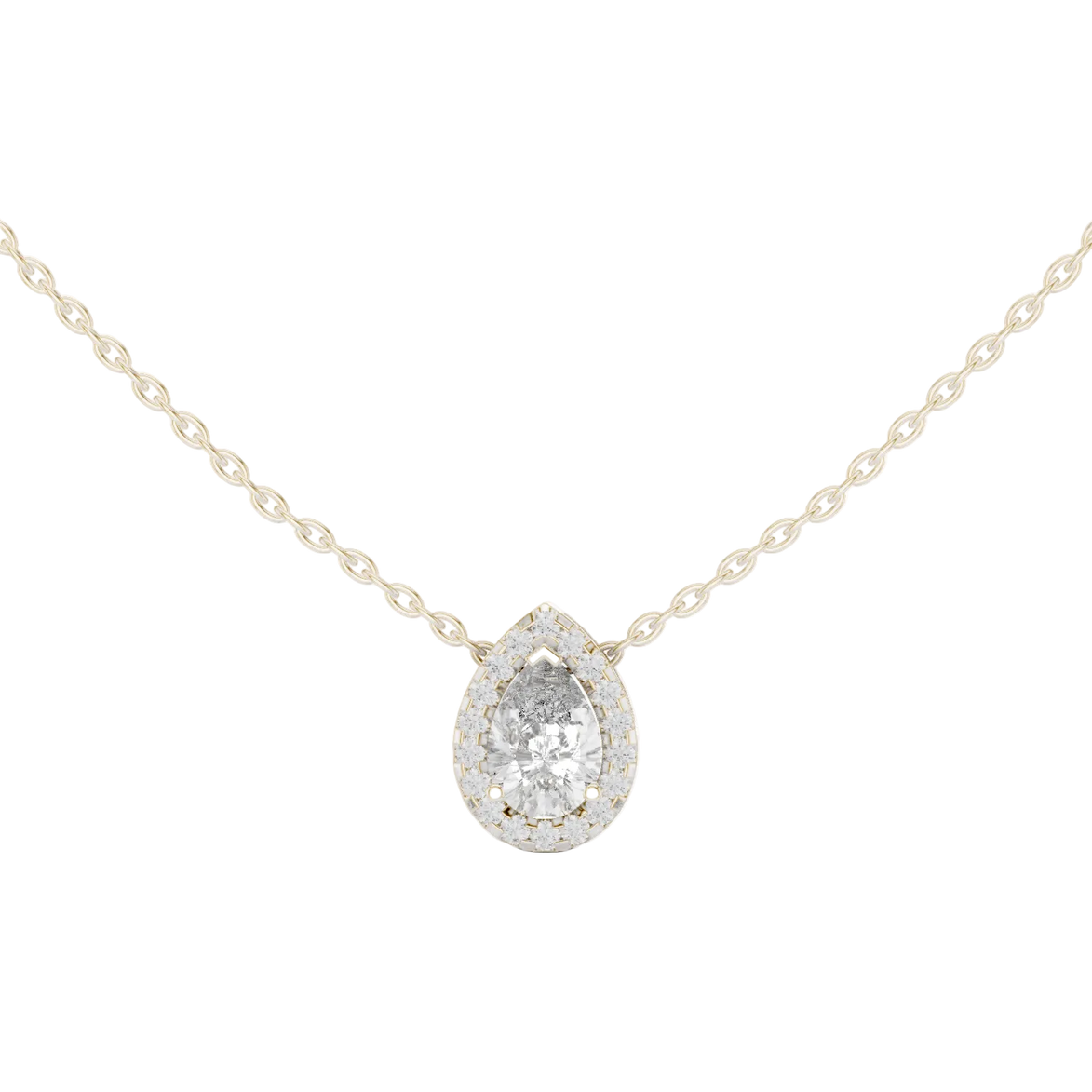 Elegant pear cut halo diamond pendant in gold with lab grown diamonds by Signora Jewels