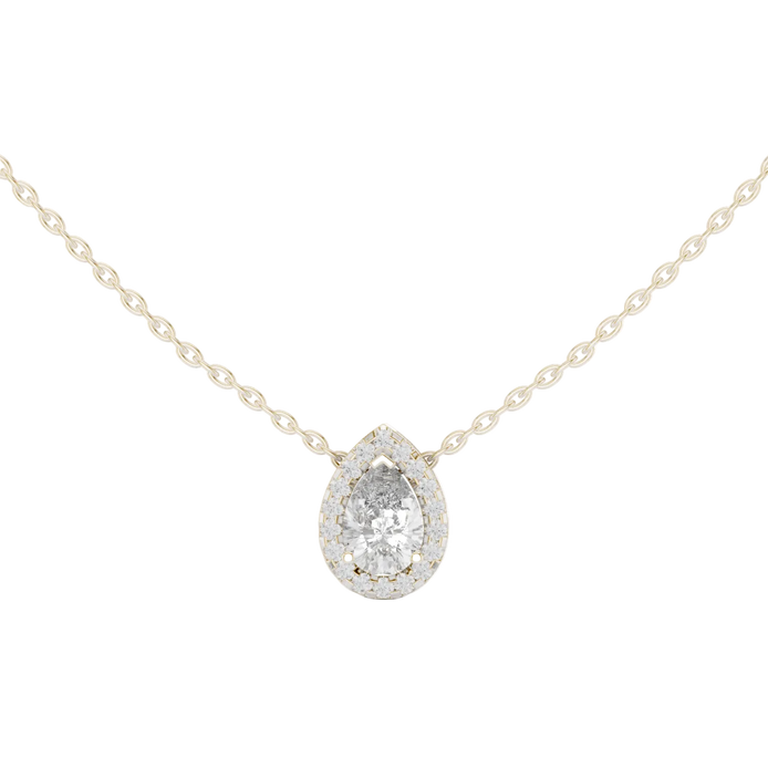 Elegant pear cut halo diamond pendant in gold with lab grown diamonds by Signora Jewels