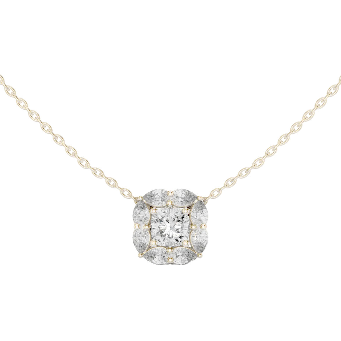 Cushion cut halo diamond pendant in gold with pear cut lab grown diamonds by Signora Jewels