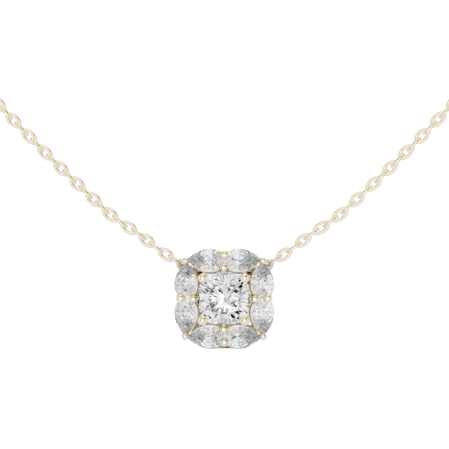 Cushion cut halo diamond pendant in gold with pear cut lab grown diamonds by Signora Jewels
