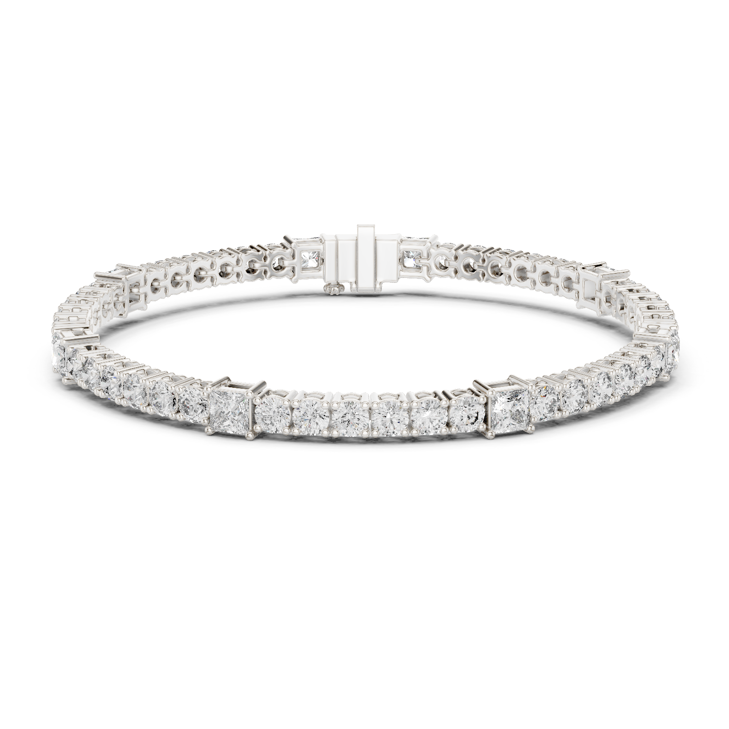 Princess and round lab grown diamond tennis bracelet in yellow white and rose gold with modern mixed shape design