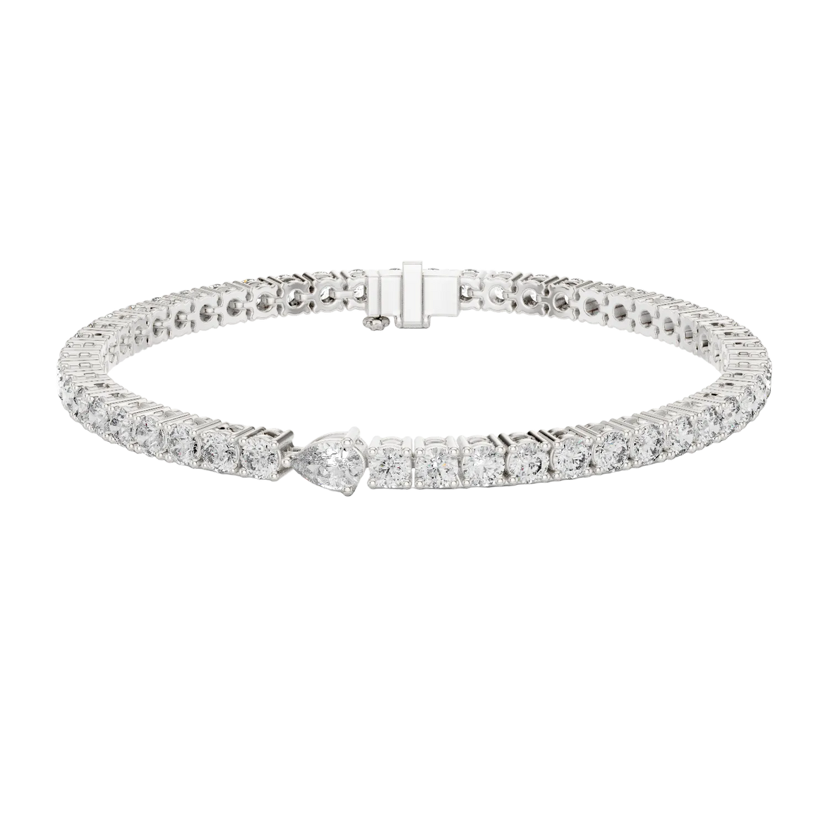 Pear accent lab grown diamond tennis bracelet with round diamonds and central pear cut diamond in gold variations