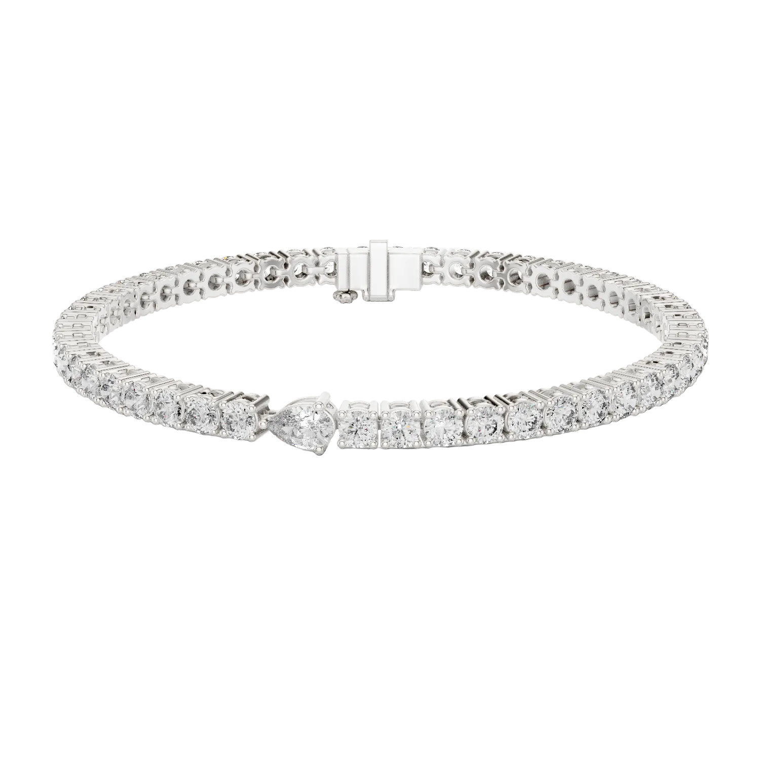 Pear accent lab grown diamond tennis bracelet with round diamonds and central pear cut diamond in gold variations