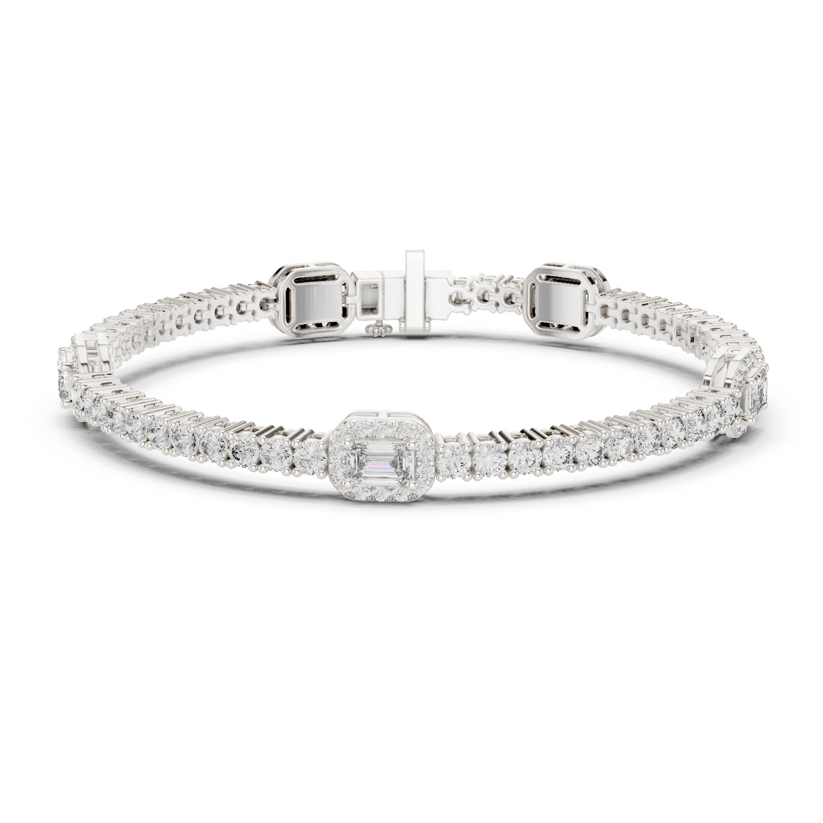 Emerald cut halo lab grown diamond tennis bracelet with round diamond detailing in yellow white and rose gold