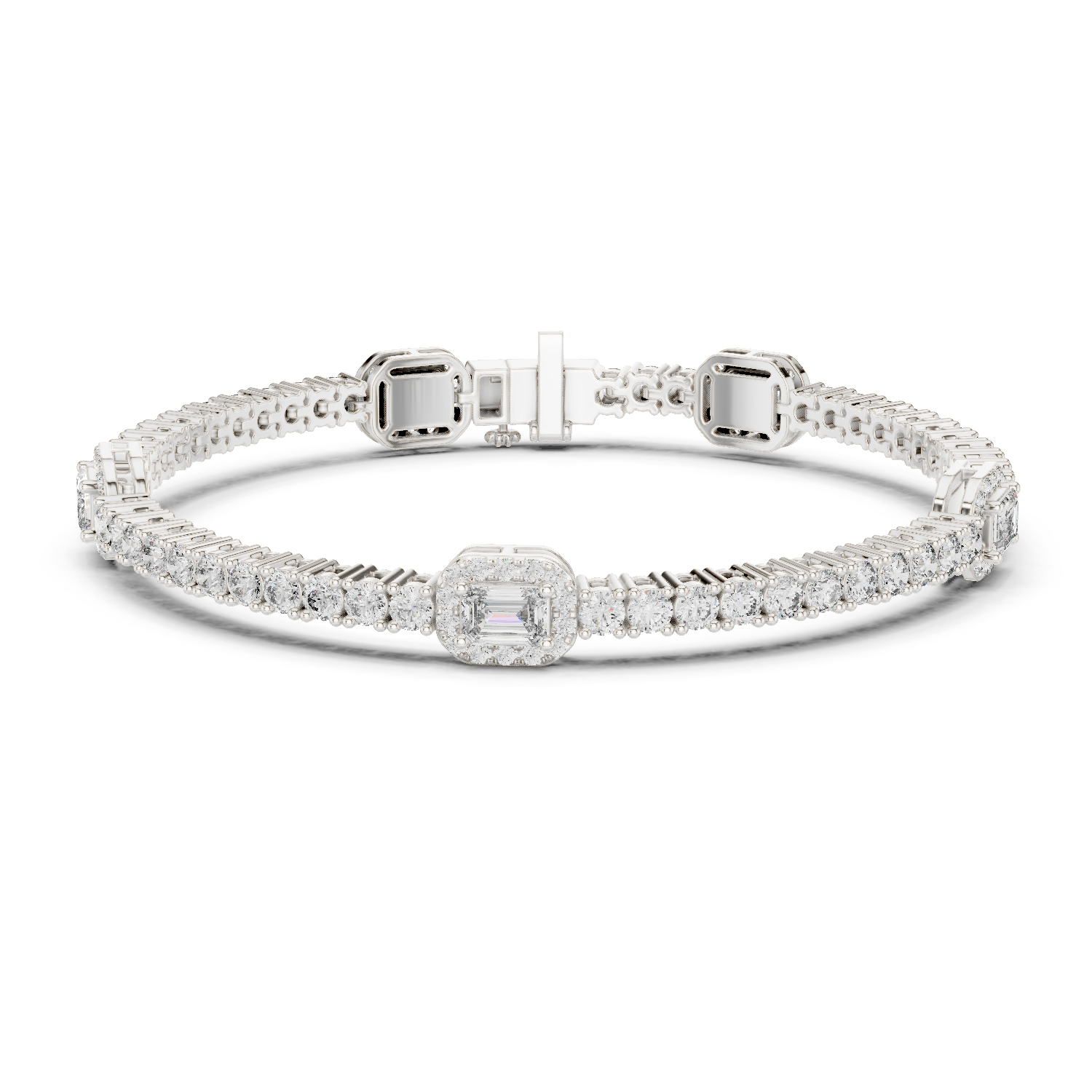 Emerald cut halo lab grown diamond tennis bracelet with round diamond detailing in yellow white and rose gold