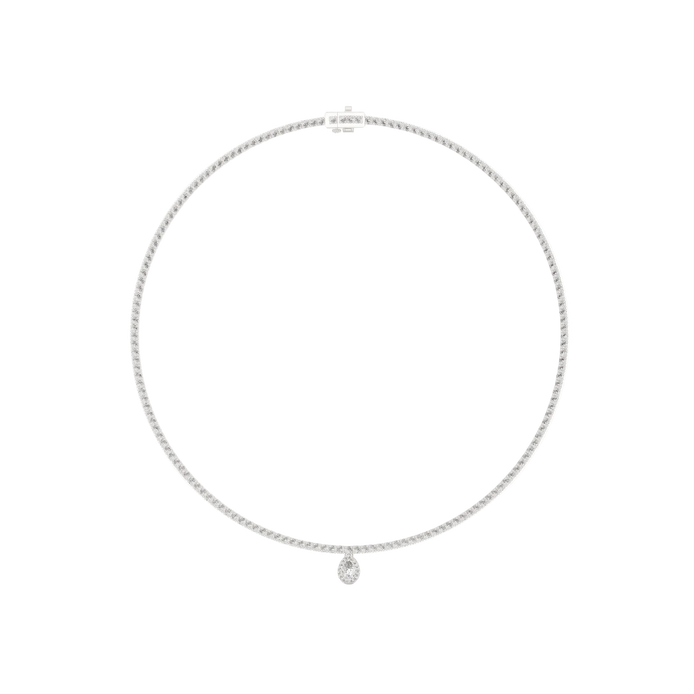 Delicate silver necklace with a small pendant on a white background