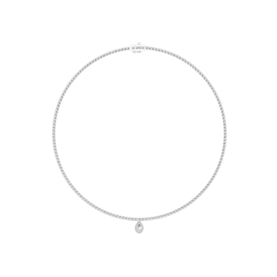 Delicate silver necklace with a small pendant on a white background