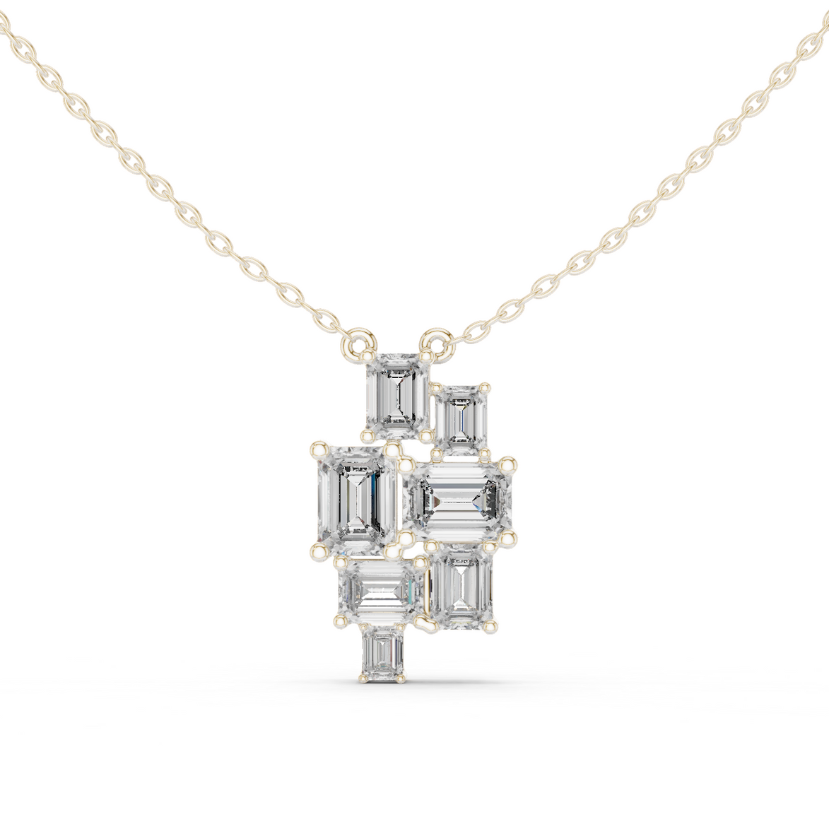Modern emerald cut diamond cluster pendant in gold with lab grown diamonds by Signora Jewels