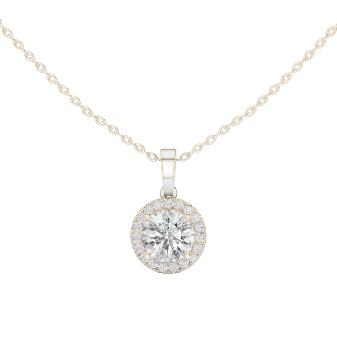Minimal round halo diamond pendant in gold with lab grown diamonds by Signora Jewels